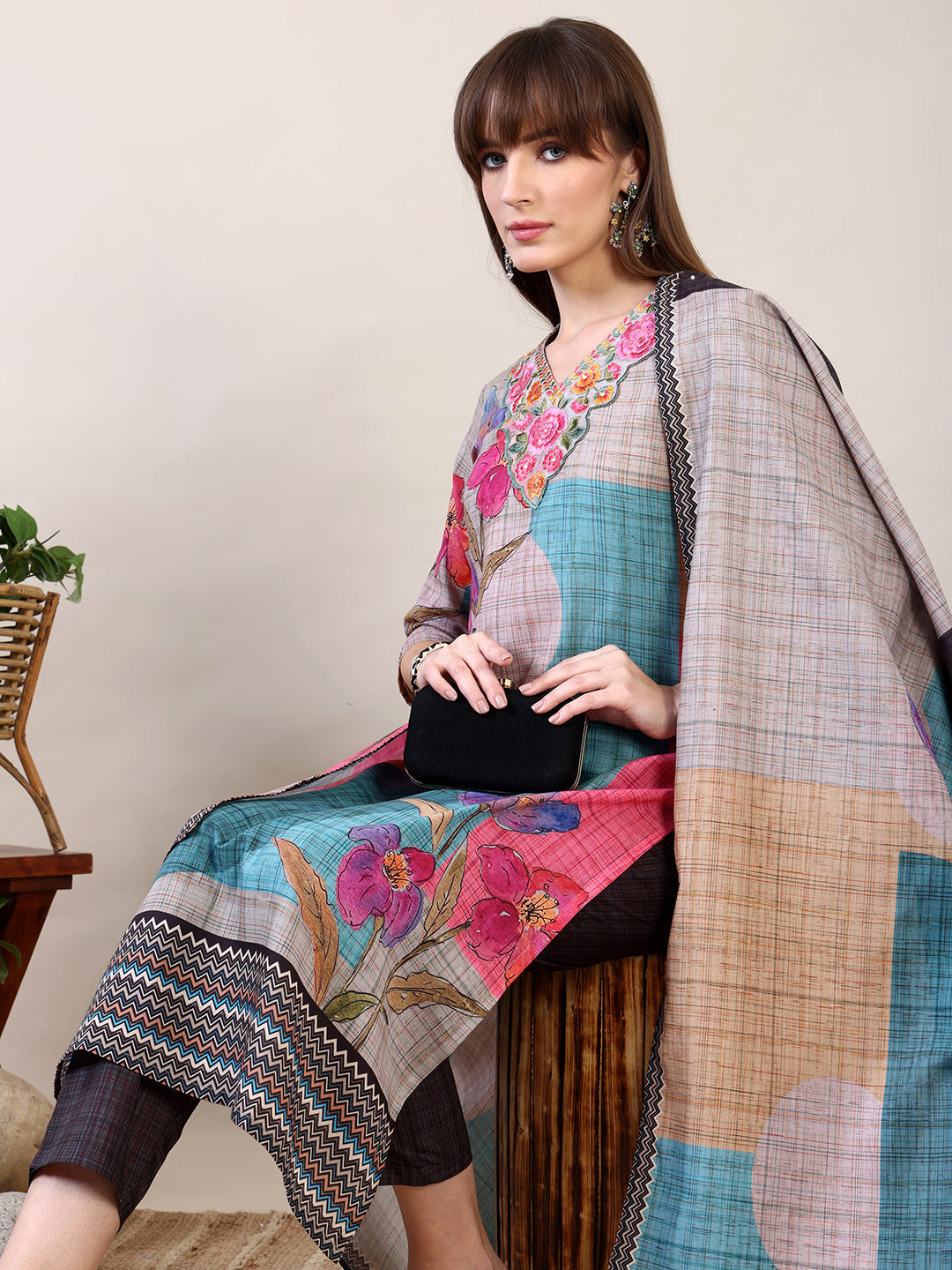 Embroidered & Printed Kurta With Pant & Dupatta, Multicolor - Hiral Fashion | Grocsy