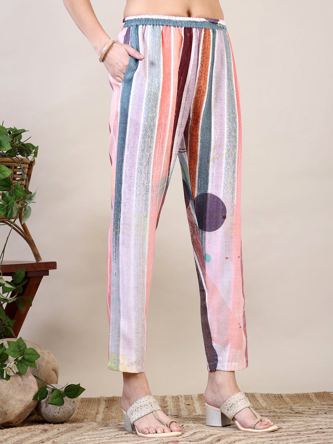 Embroidered & Striped Floral Printed Kurta With Pant & Dupatta, Multicolor - Hiral Fashion | Grocsy
