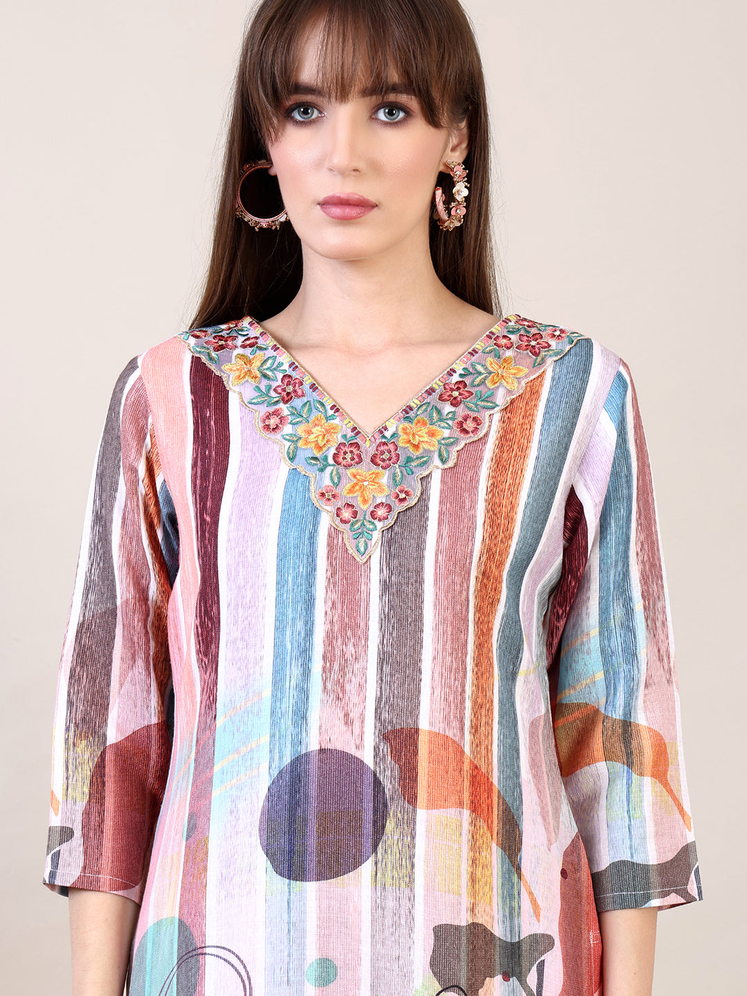 Embroidered & Striped Floral Printed Kurta With Pant & Dupatta, Multicolor - Hiral Fashion | Grocsy