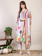 Embroidered & Striped Floral Printed Kurta With Pant & Dupatta, Multicolor - Hiral Fashion | Grocsy