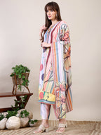 Embroidered & Striped Floral Printed Kurta With Pant & Dupatta, Multicolor - Hiral Fashion | Grocsy