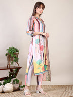 Embroidered & Striped Floral Printed Kurta With Pant & Dupatta, Multicolor - Hiral Fashion | Grocsy