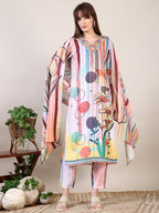 Embroidered & Striped Floral Printed Kurta With Pant & Dupatta, Multicolor - Hiral Fashion | Grocsy