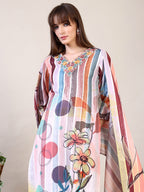 Embroidered & Striped Floral Printed Kurta With Pant & Dupatta, Multicolor - Hiral Fashion | Grocsy