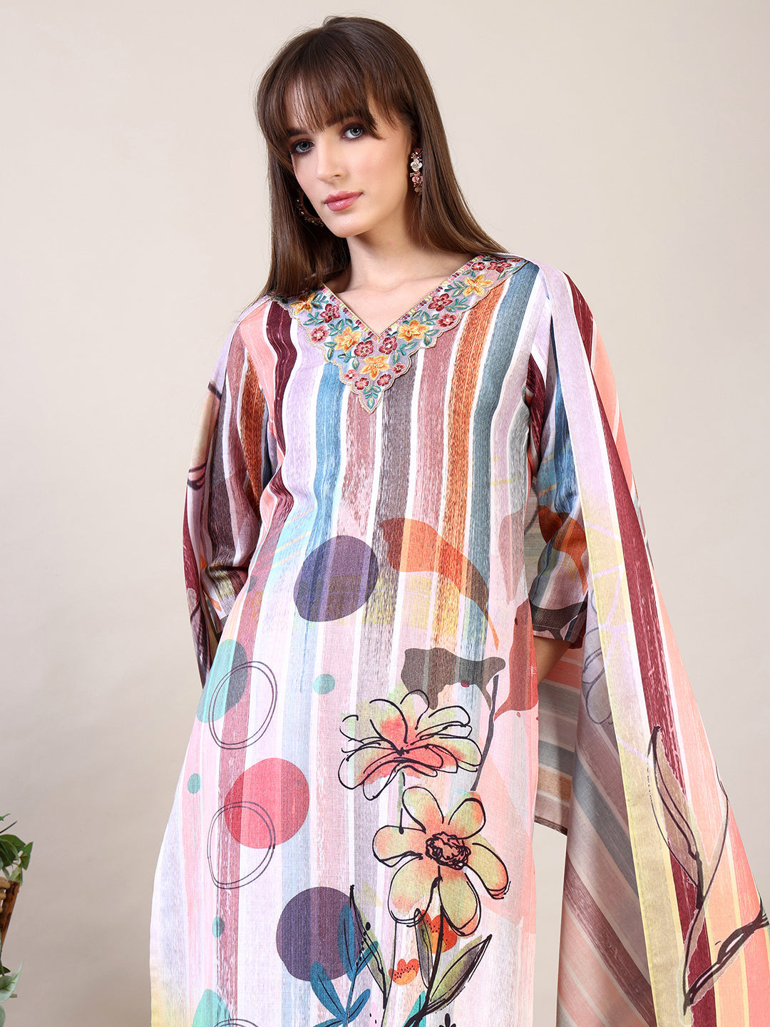 Embroidered & Striped Floral Printed Kurta With Pant & Dupatta, Multicolor - Hiral Fashion | Grocsy