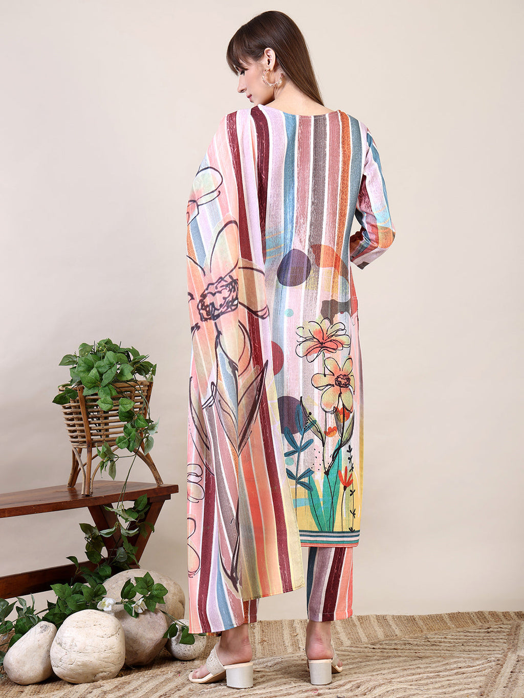 Embroidered & Striped Floral Printed Kurta With Pant & Dupatta, Multicolor - Hiral Fashion | Grocsy