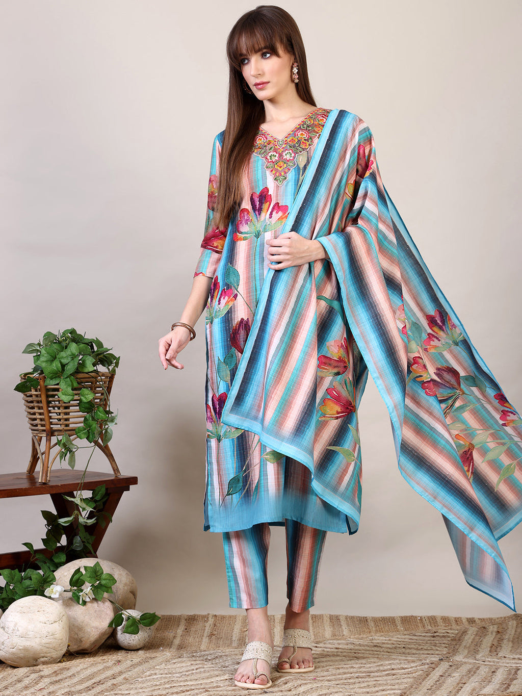 Embroidered & Floral Printed Kurta With Pant & Dupatta, Multicolor - Hiral Fashion | Grocsy