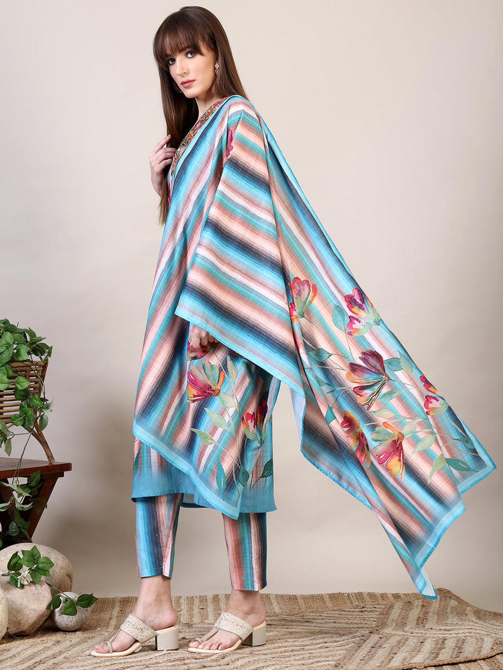 Embroidered & Floral Printed Kurta With Pant & Dupatta, Multicolor - Hiral Fashion | Grocsy