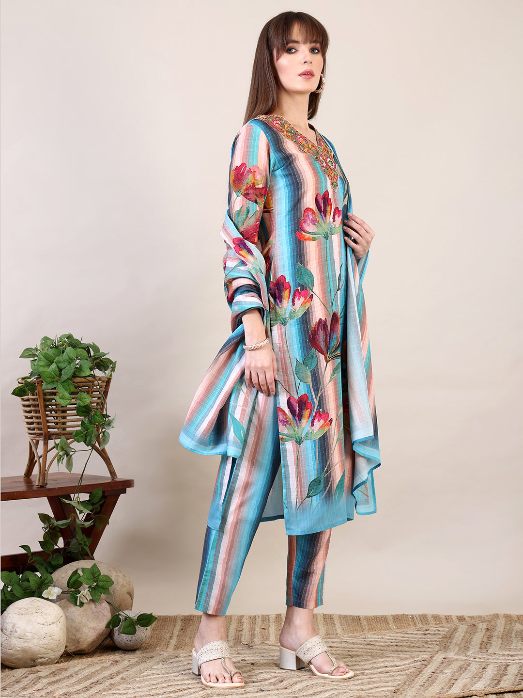 Embroidered & Floral Printed Kurta With Pant & Dupatta, Multicolor - Hiral Fashion | Grocsy