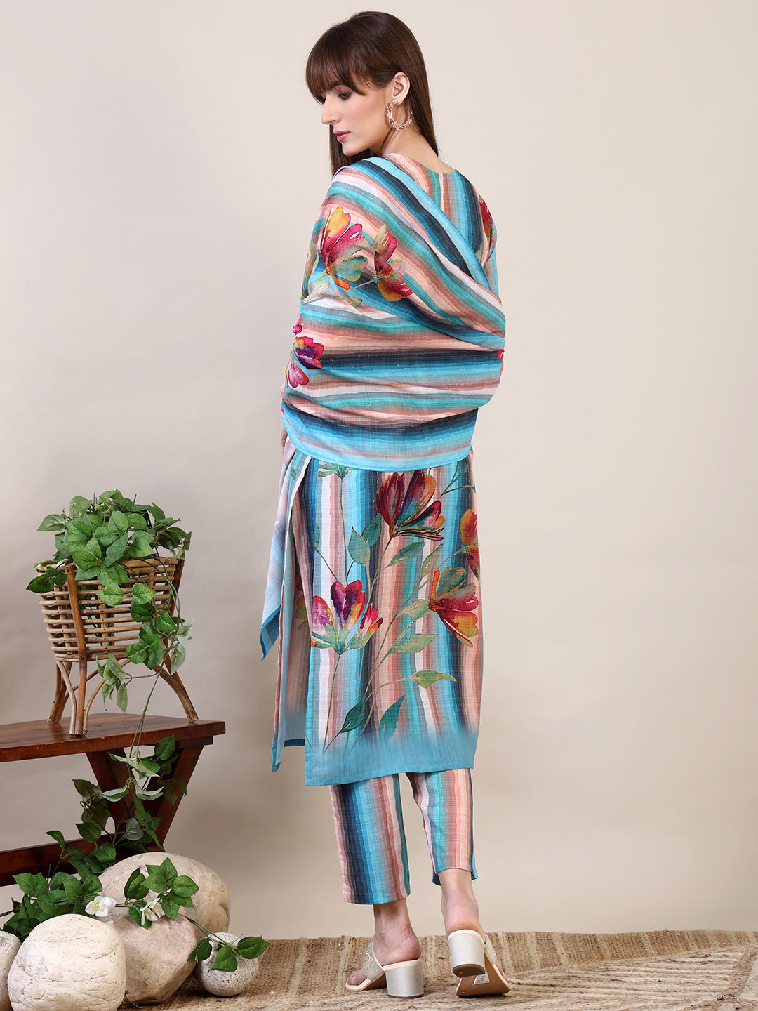 Embroidered & Floral Printed Kurta With Pant & Dupatta, Multicolor - Hiral Fashion | Grocsy