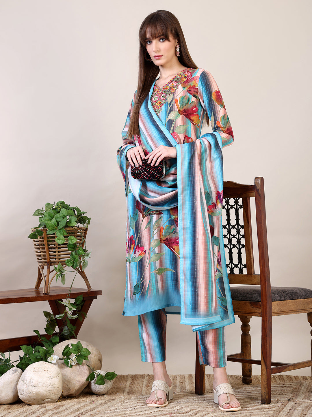 Embroidered & Floral Printed Kurta With Pant & Dupatta, Multicolor - Hiral Fashion | Grocsy