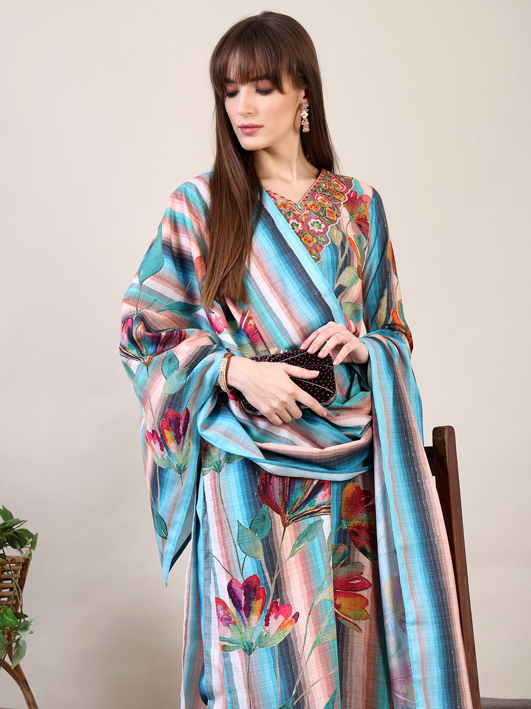 Embroidered & Floral Printed Kurta With Pant & Dupatta, Multicolor - Hiral Fashion | Grocsy