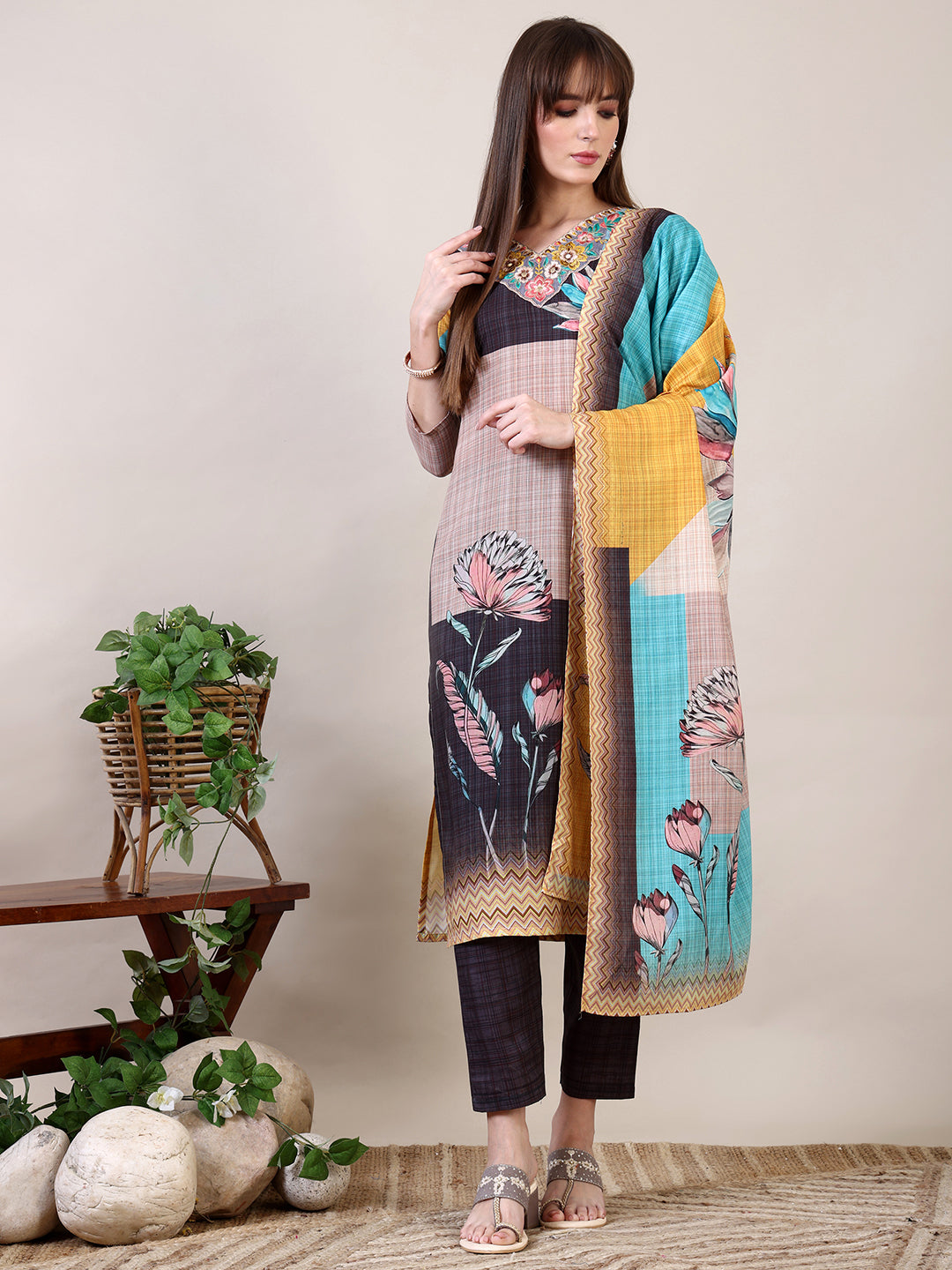 Embroidered & Printed Kurta With Pant & Dupatta, Multicolor - Hiral Fashion | Grocsy