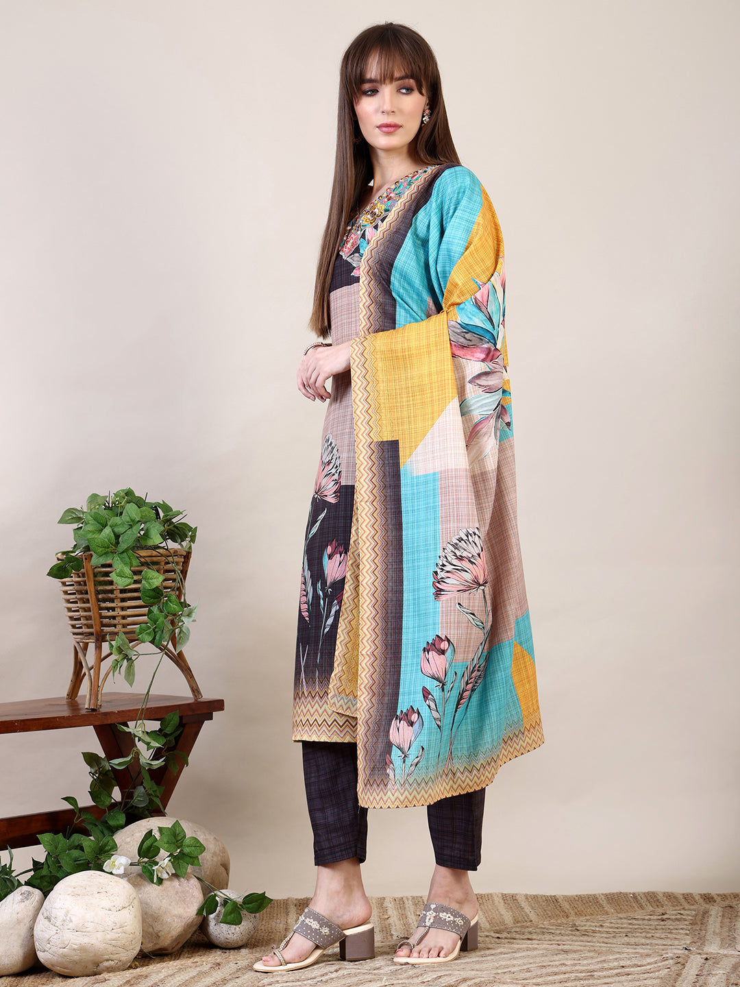Embroidered & Printed Kurta With Pant & Dupatta, Multicolor - Hiral Fashion | Grocsy