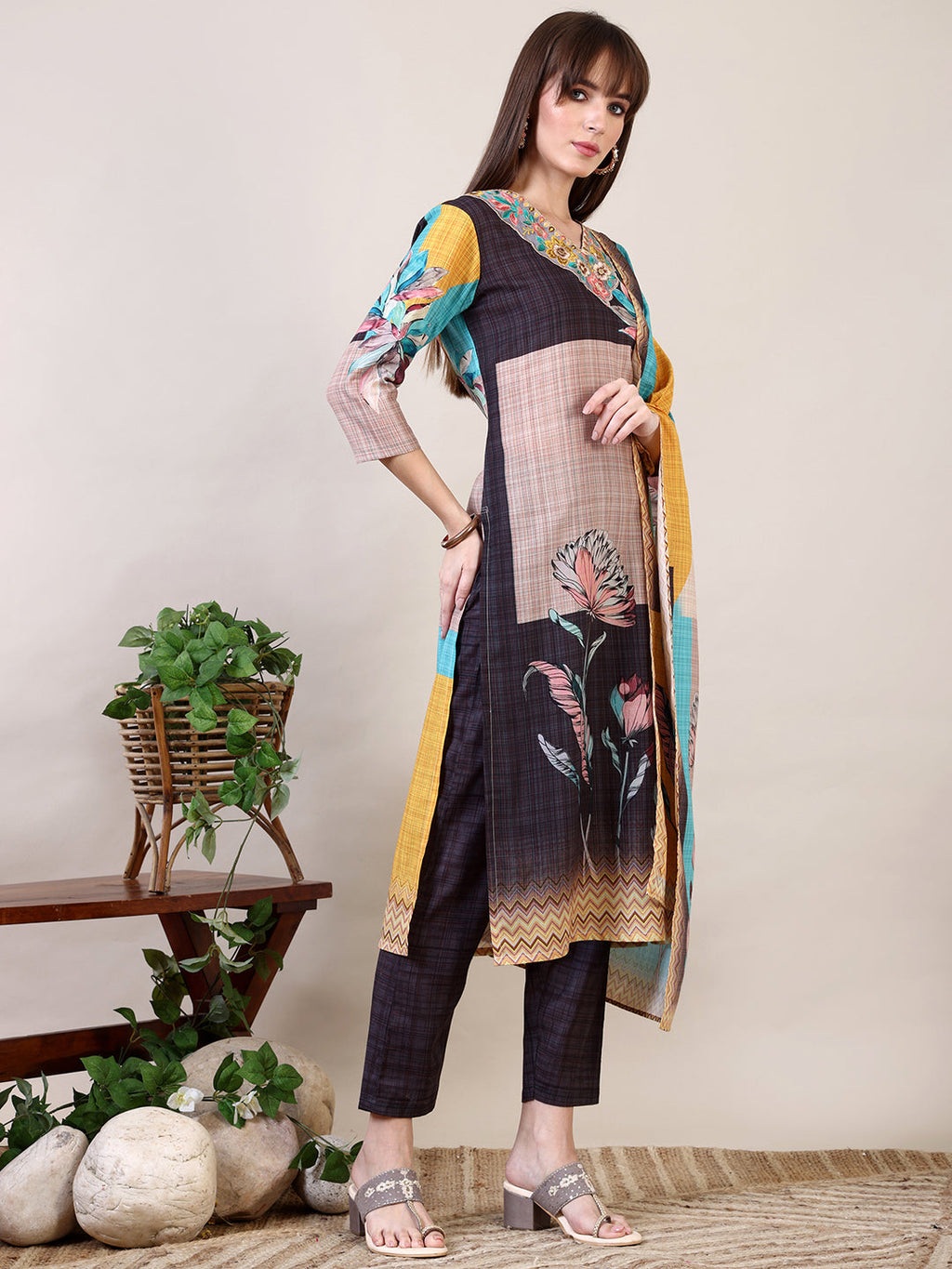 Embroidered & Printed Kurta With Pant & Dupatta, Multicolor - Hiral Fashion | Grocsy