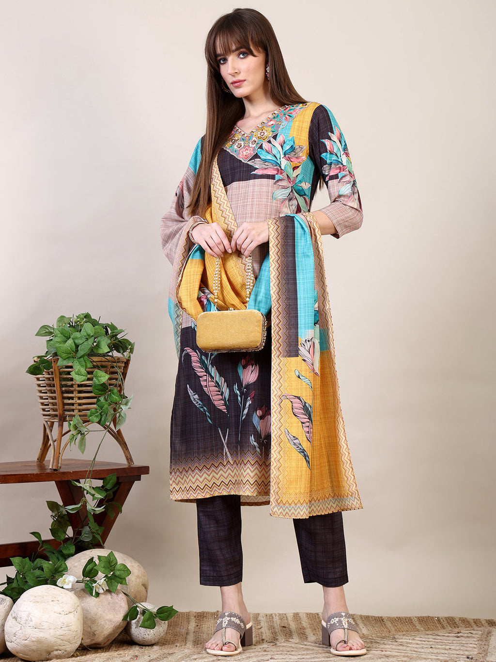 Embroidered & Printed Kurta With Pant & Dupatta, Multicolor - Hiral Fashion | Grocsy