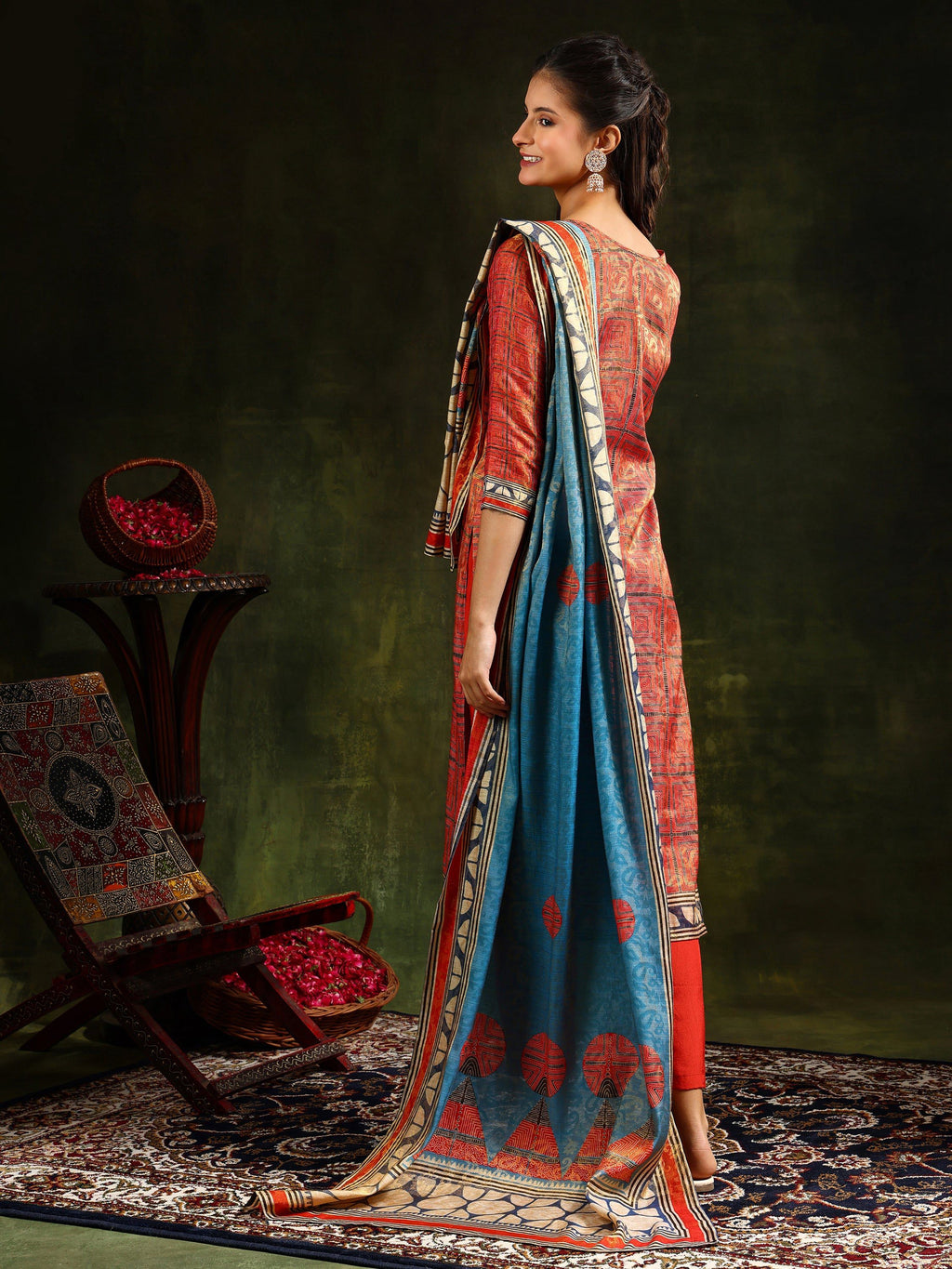 Hand Embroidered & Pure Silk Jacquard Kurta With Pant & Pure Silk Dupatta, Rust - Hiral Fashion | Grocsy