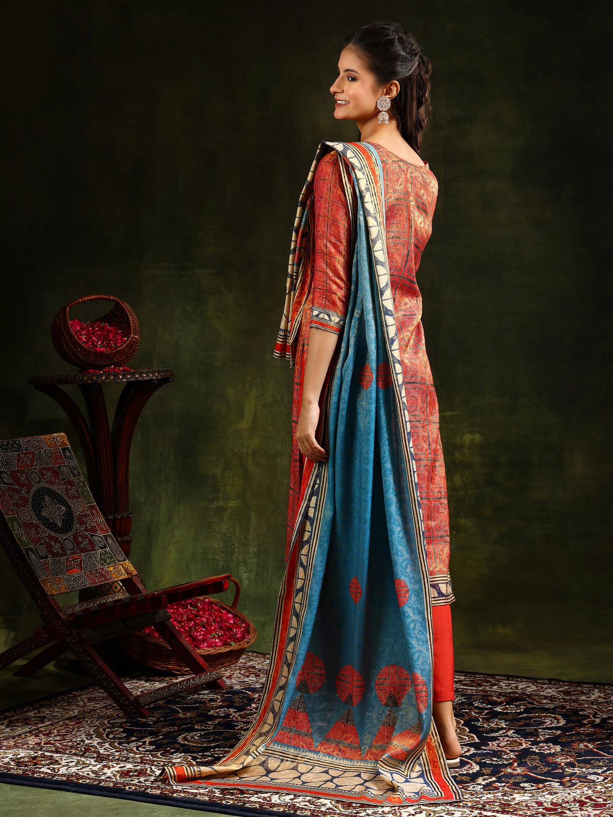 Hand Embroidered & Pure Silk Jacquard Kurta With Pant & Pure Silk Dupatta, Rust - Hiral Fashion | Grocsy