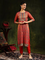 Hand Embroidered & Pure Silk Jacquard Kurta With Pant & Pure Silk Dupatta, Rust - Hiral Fashion | Grocsy