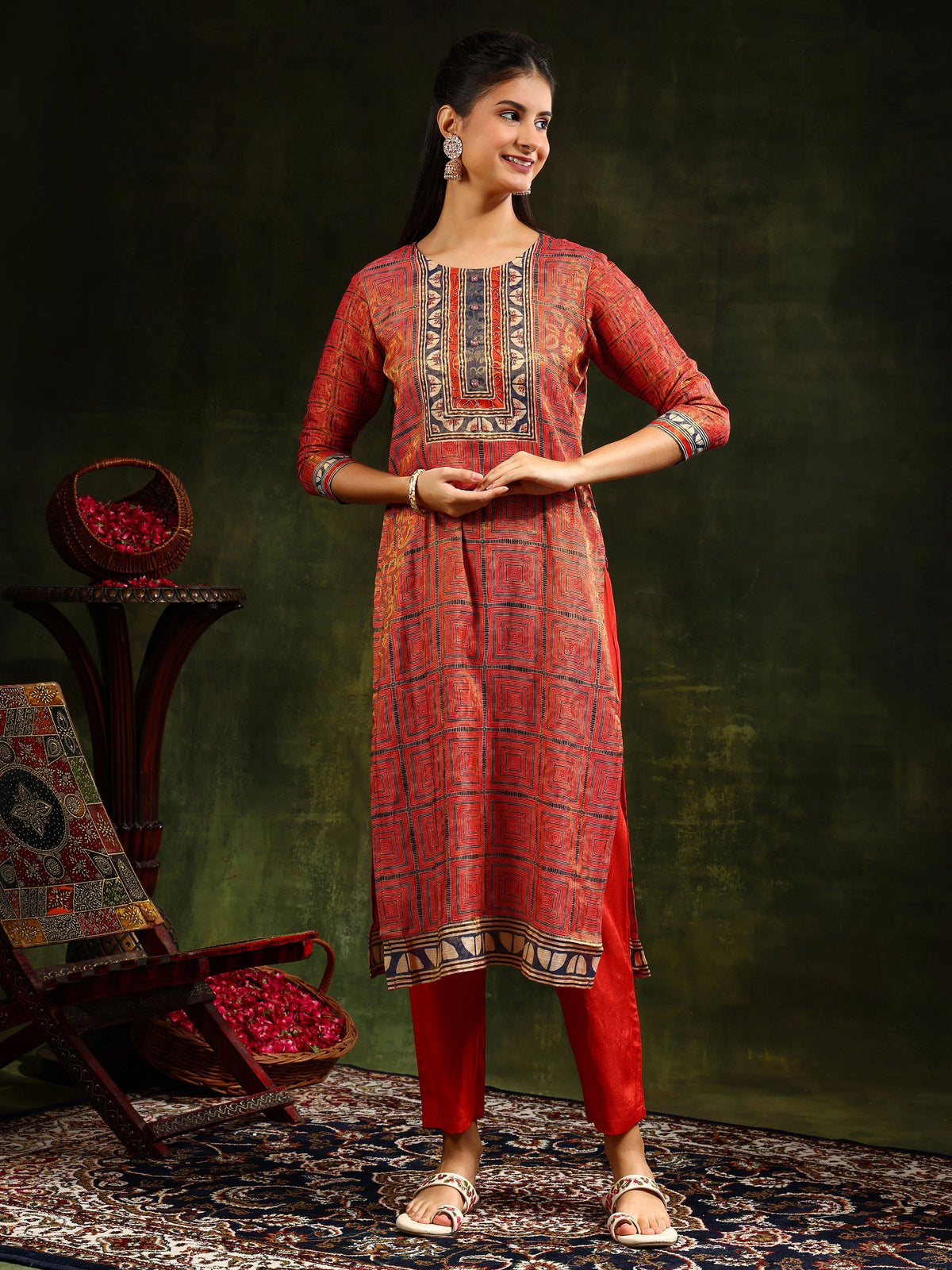 Hand Embroidered & Pure Silk Jacquard Kurta With Pant & Pure Silk Dupatta, Rust - Hiral Fashion | Grocsy