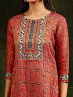 Hand Embroidered & Pure Silk Jacquard Kurta With Pant & Pure Silk Dupatta, Rust - Hiral Fashion | Grocsy