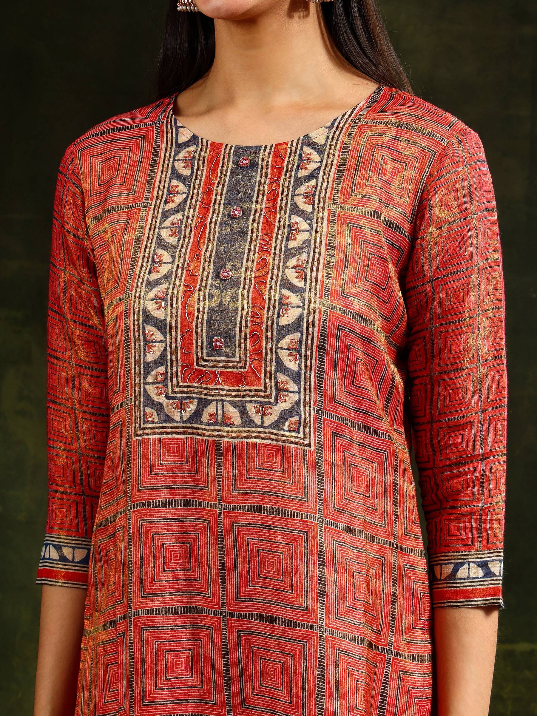 Hand Embroidered & Pure Silk Jacquard Kurta With Pant & Pure Silk Dupatta, Rust - Hiral Fashion | Grocsy