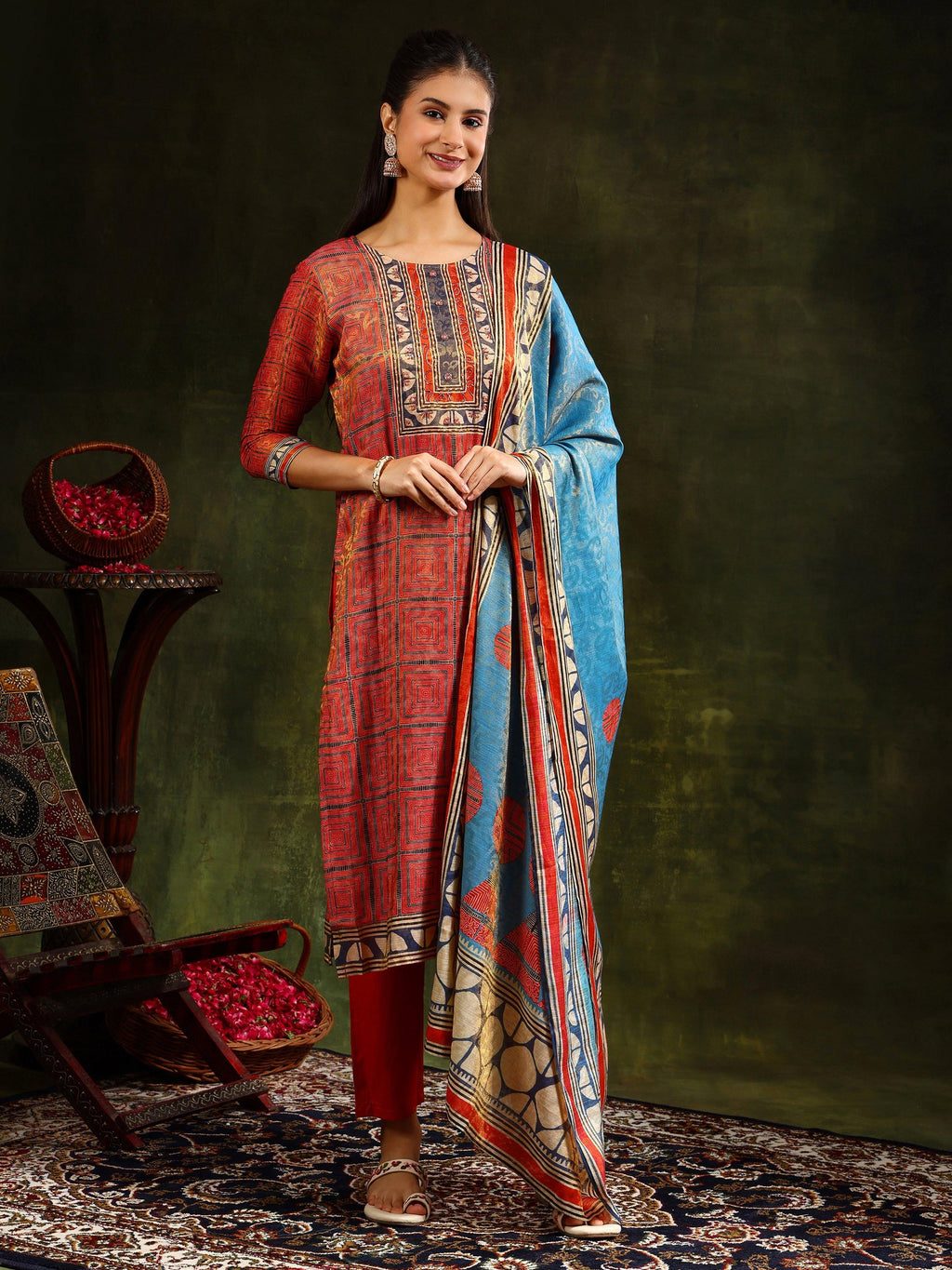 Hand Embroidered & Pure Silk Jacquard Kurta With Pant & Pure Silk Dupatta, Rust - Hiral Fashion | Grocsy