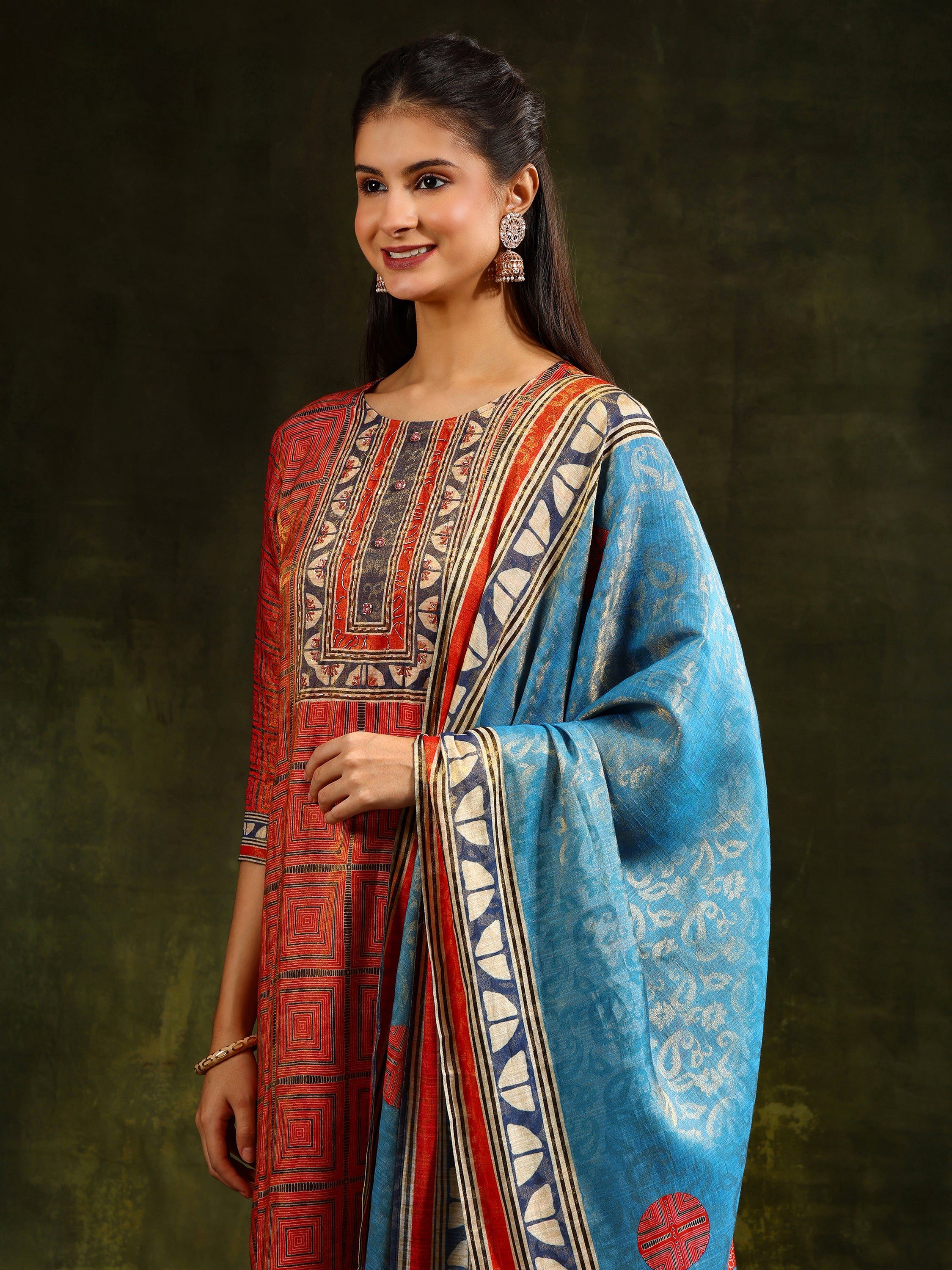 Hand Embroidered & Pure Silk Jacquard Kurta With Pant & Pure Silk Dupatta, Rust - Hiral Fashion | Grocsy