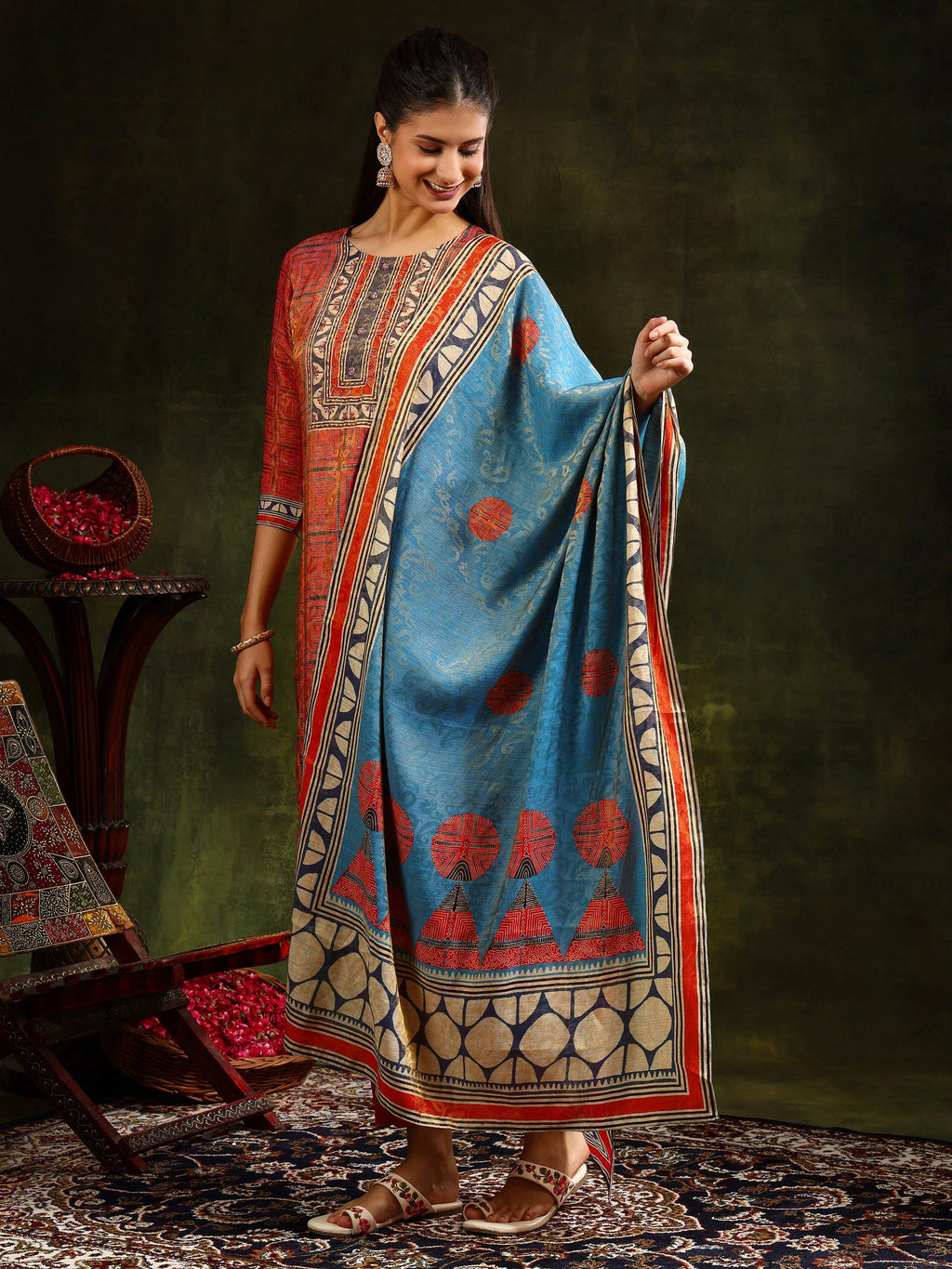 Hand Embroidered & Pure Silk Jacquard Kurta With Pant & Pure Silk Dupatta, Rust - Hiral Fashion | Grocsy