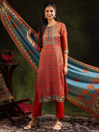 Hand Embroidered & Pure Silk Jacquard Kurta With Pant & Pure Silk Dupatta, Rust - Hiral Fashion | Grocsy