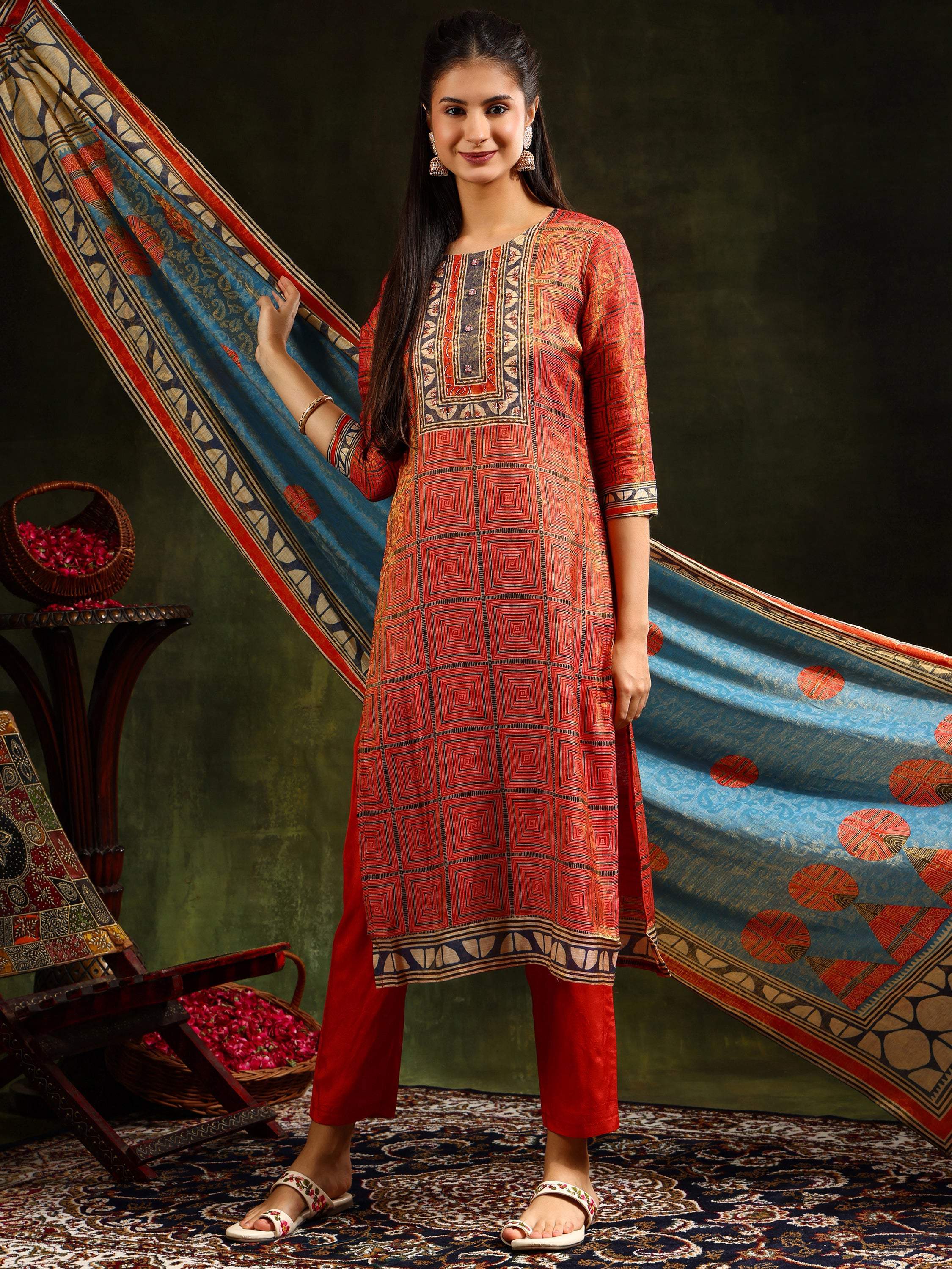 Hand Embroidered & Pure Silk Jacquard Kurta With Pant & Pure Silk Dupatta, Rust - Hiral Fashion | Grocsy