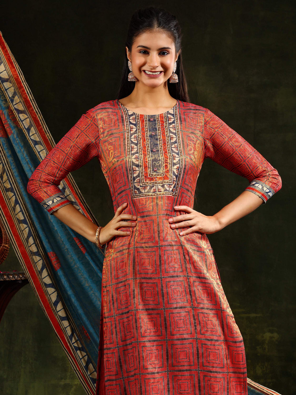 Hand Embroidered & Pure Silk Jacquard Kurta With Pant & Pure Silk Dupatta, Rust - Hiral Fashion | Grocsy