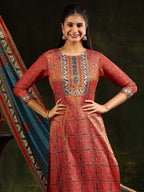 Hand Embroidered & Pure Silk Jacquard Kurta With Pant & Pure Silk Dupatta, Rust - Hiral Fashion | Grocsy