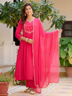 Embroidered Flared Kurta With Pant & Dupatta, Pink - Hiral Fashion | Grocsy