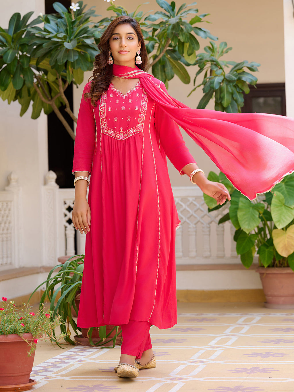 Embroidered Flared Kurta With Pant & Dupatta, Pink - Hiral Fashion | Grocsy