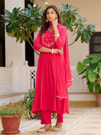 Embroidered Flared Kurta With Pant & Dupatta, Pink - Hiral Fashion | Grocsy