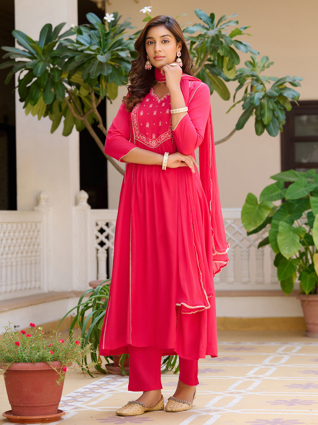 Embroidered Flared Kurta With Pant & Dupatta, Pink - Hiral Fashion | Grocsy