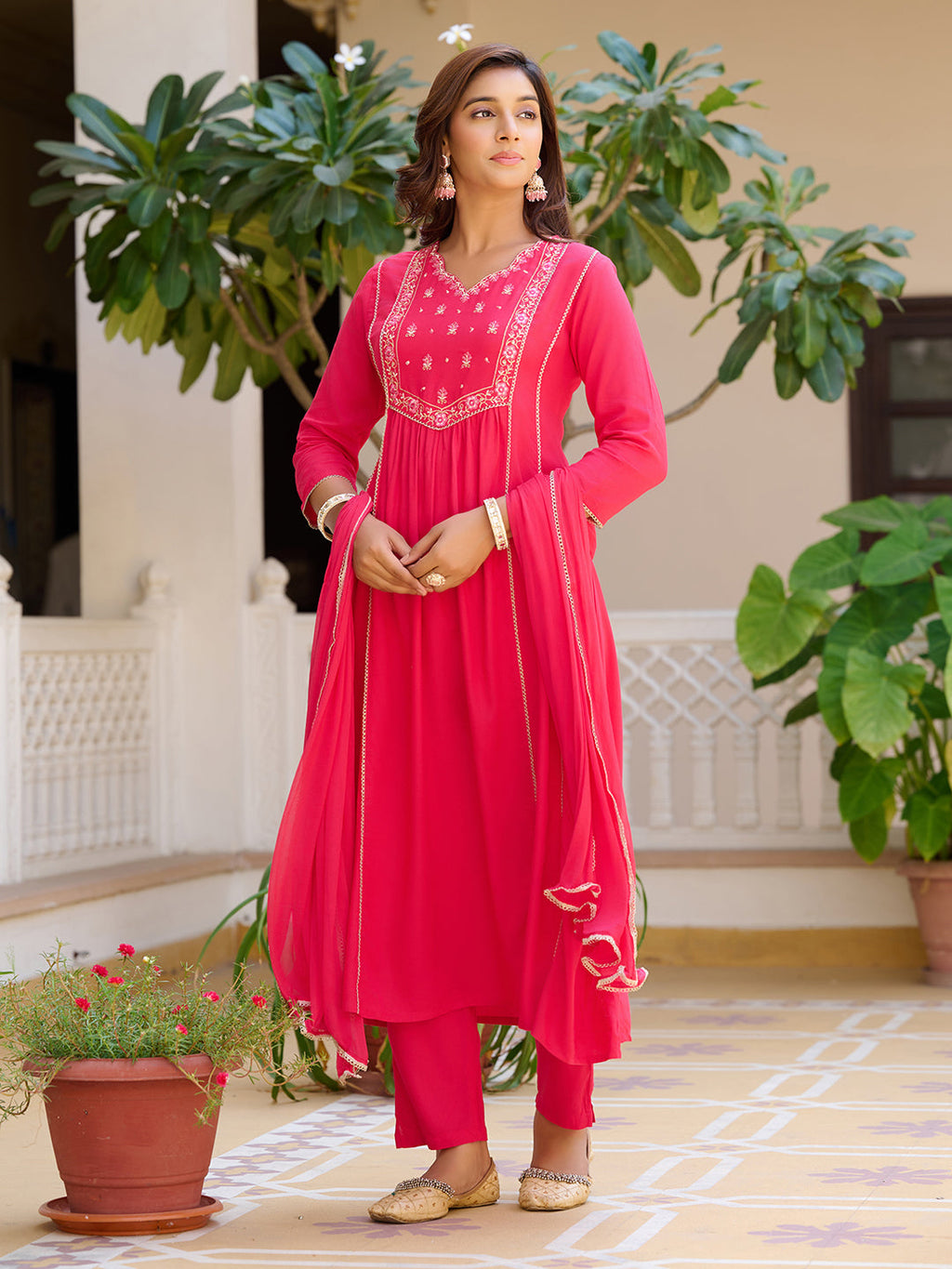 Embroidered Flared Kurta With Pant & Dupatta, Pink - Hiral Fashion | Grocsy