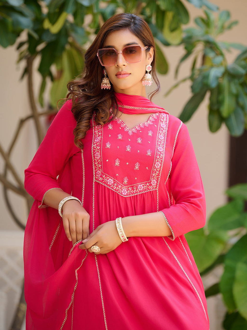 Embroidered Flared Kurta With Pant & Dupatta, Pink - Hiral Fashion | Grocsy