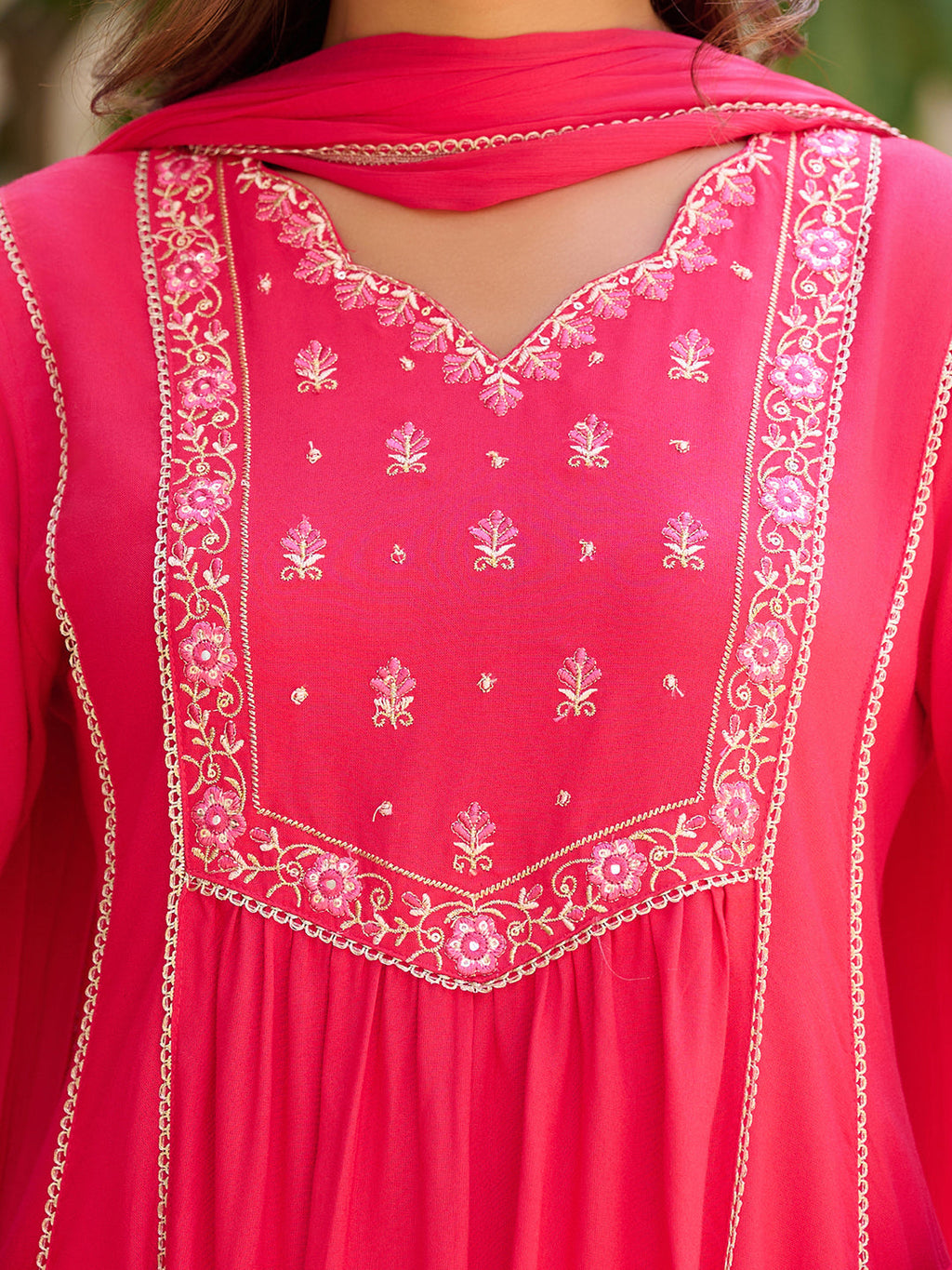 Embroidered Flared Kurta With Pant & Dupatta, Pink - Hiral Fashion | Grocsy