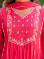 Embroidered Flared Kurta With Pant & Dupatta, Pink - Hiral Fashion | Grocsy