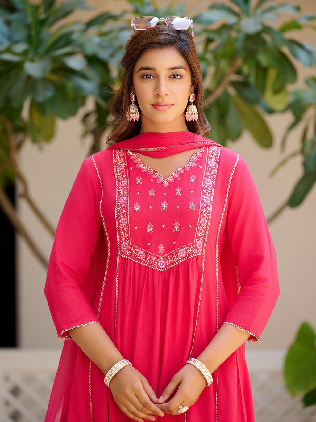 Embroidered Flared Kurta With Pant & Dupatta, Pink - Hiral Fashion | Grocsy