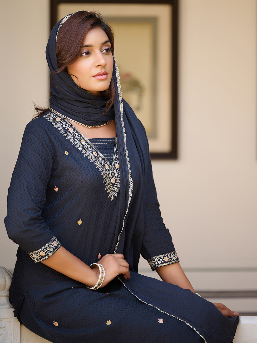 Sequined & Zari Embroidered Kurta With Pant & Dupatta, Navy Blue - Hiral Fashion | Grocsy