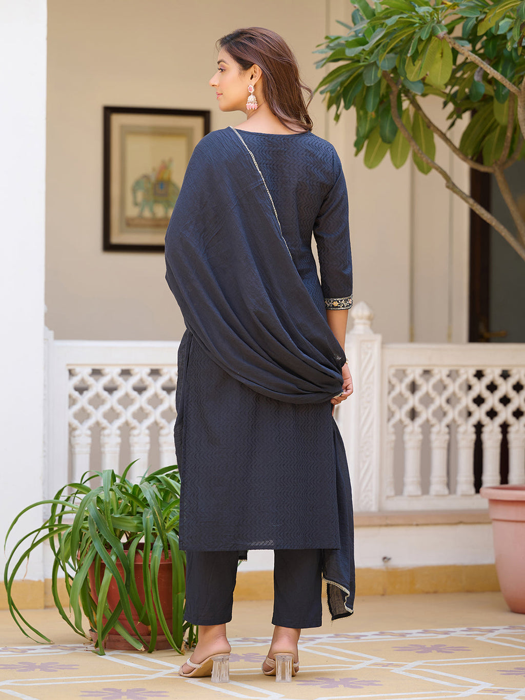Sequined & Zari Embroidered Kurta With Pant & Dupatta, Navy Blue - Hiral Fashion | Grocsy