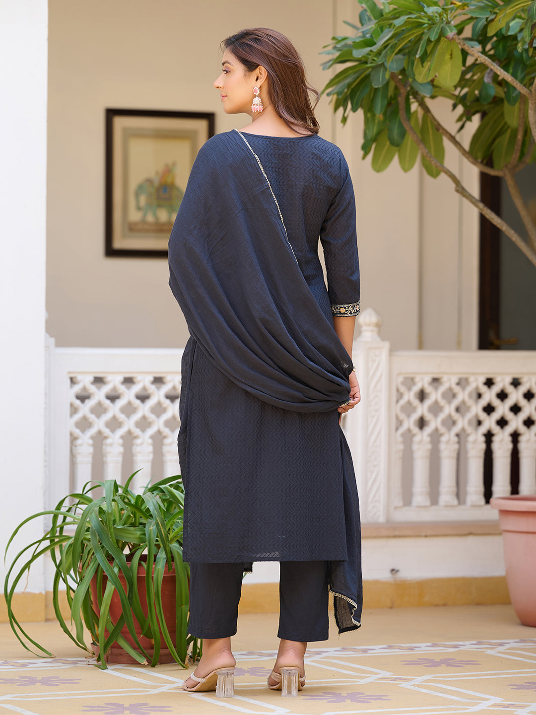 Sequined & Zari Embroidered Kurta With Pant & Dupatta, Navy Blue - Hiral Fashion | Grocsy