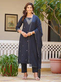 Sequined & Zari Embroidered Kurta With Pant & Dupatta, Navy Blue - Hiral Fashion | Grocsy