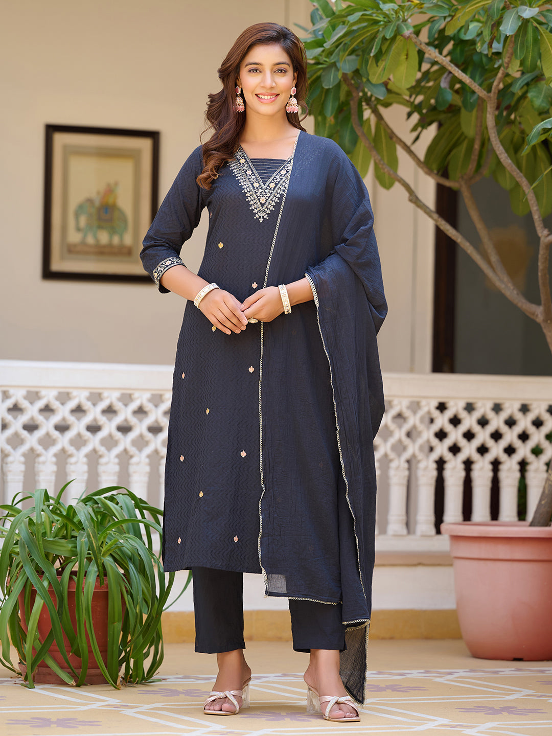 Sequined & Zari Embroidered Kurta With Pant & Dupatta, Navy Blue - Hiral Fashion | Grocsy
