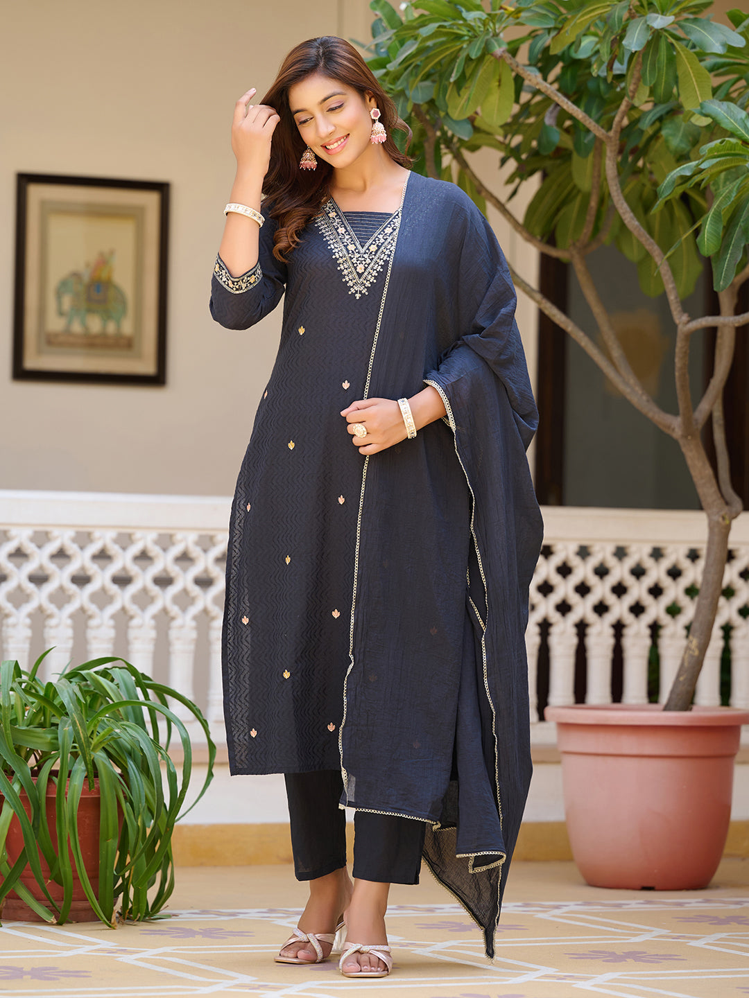 Sequined & Zari Embroidered Kurta With Pant & Dupatta, Navy Blue - Hiral Fashion | Grocsy