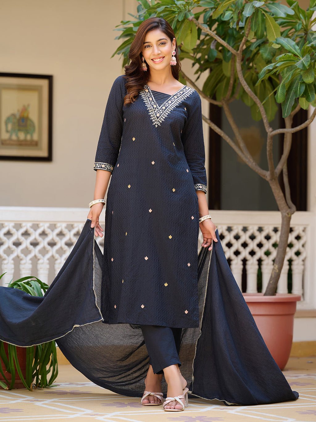 Sequined & Zari Embroidered Kurta With Pant & Dupatta, Navy Blue - Hiral Fashion | Grocsy