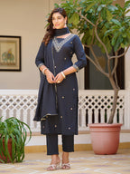 Sequined & Zari Embroidered Kurta With Pant & Dupatta, Navy Blue - Hiral Fashion | Grocsy